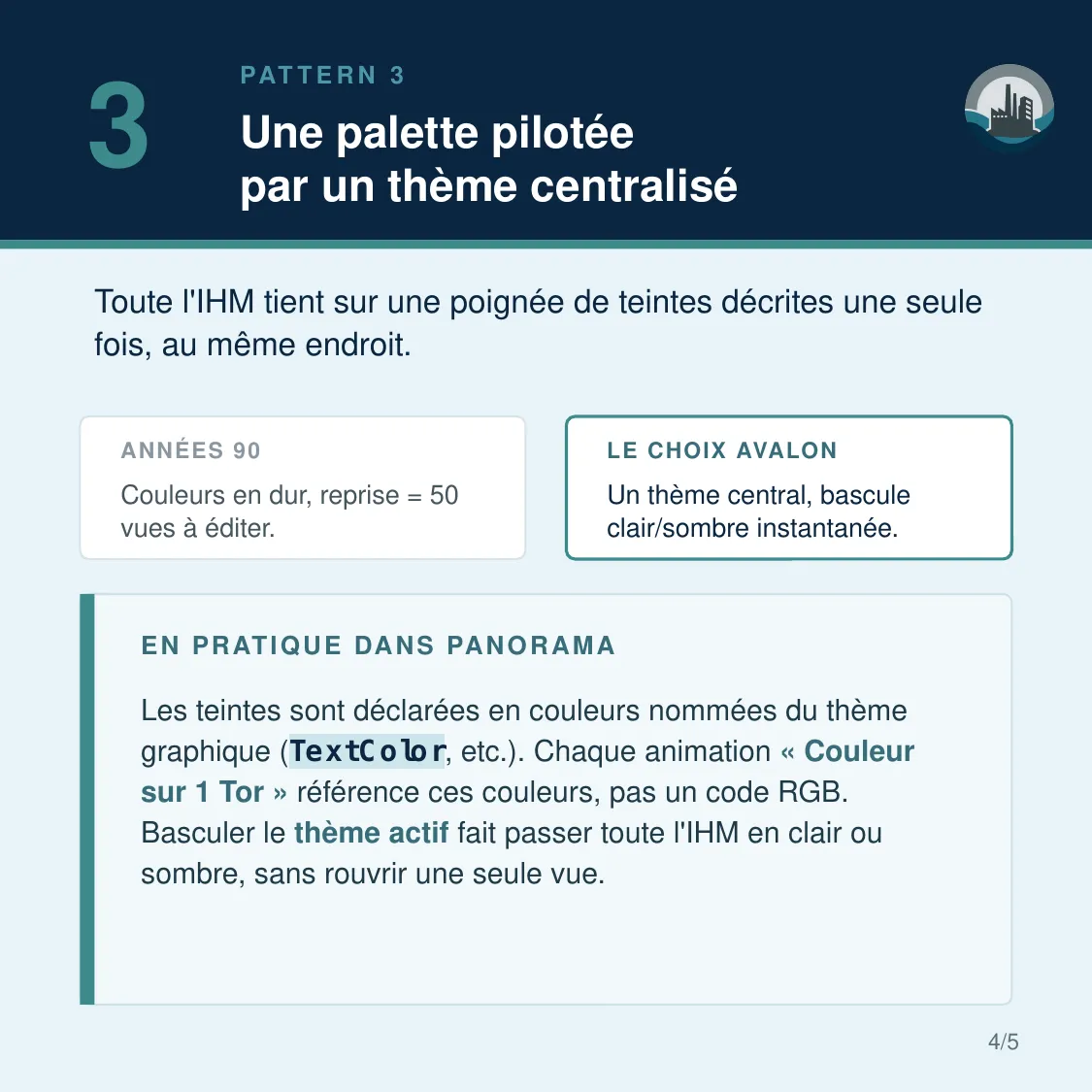 Pattern 3, palette centralisée : couleurs nommées du thème graphique référencées par les animations, bascule clair/sombre en un changement